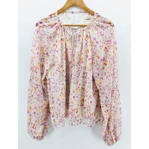 Ivy City Co. Floral Sz L Blouse Cottagecore Balloon Puff Sleeve Tie Neck EE46